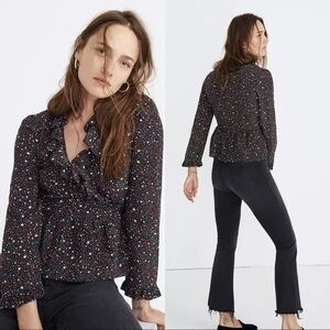 Madewell Navy Starry Night 100% Silk Wrap-Front Ruffle-Hem Blouse Size XS